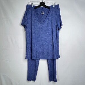 Natori Blue Pajama Set Women XL V-Neck Short Sleeve Top Legging Pants Lounge 2pc